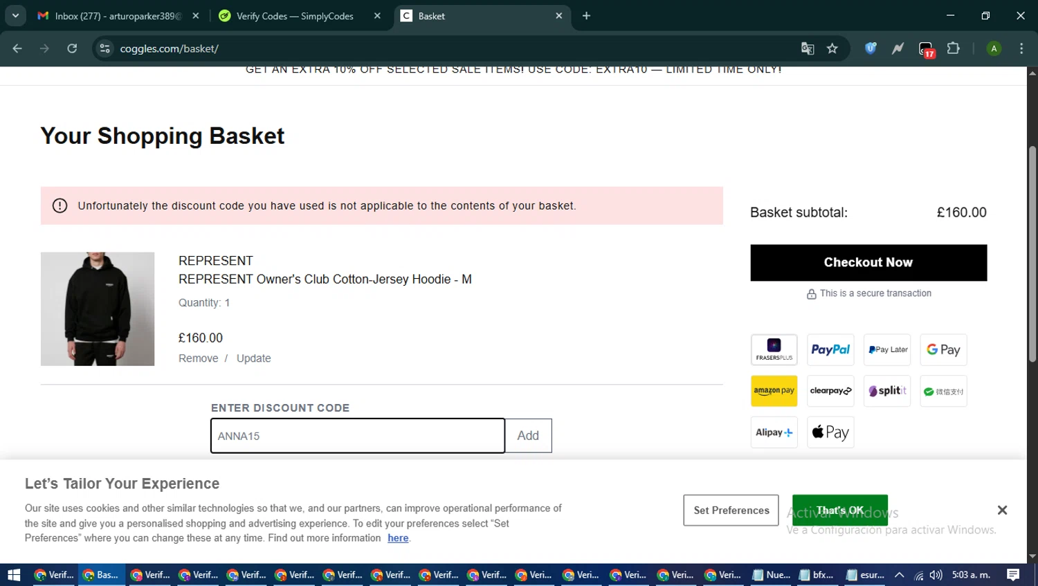 Coggles discount code screenshot showing code ANNA15 applied at Coggles checkout page. Uploaded by SimplyCodes community member CashLynx5338 on Jun 24, 2025