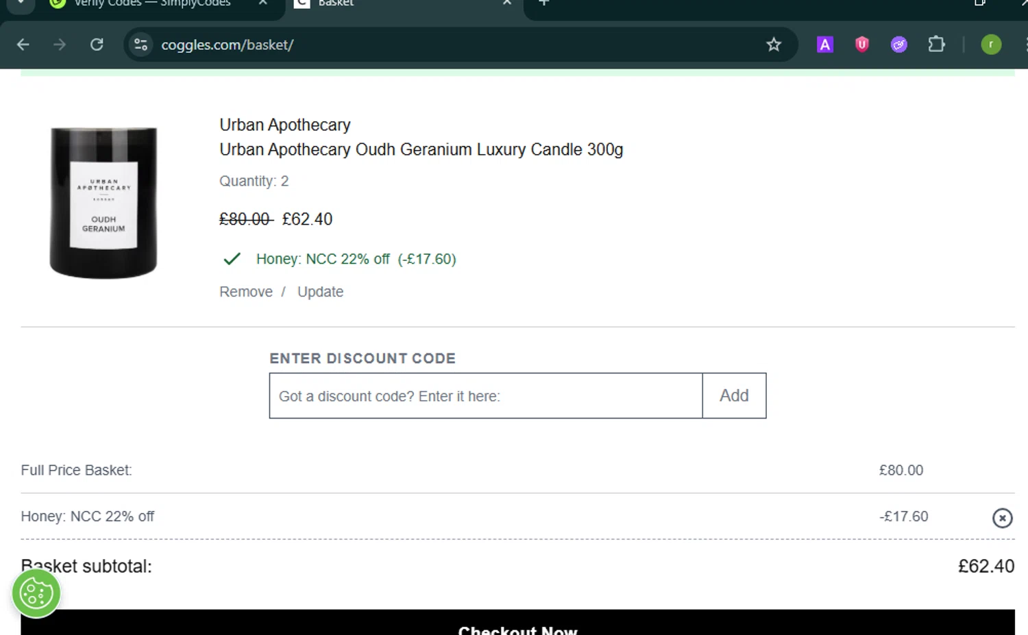 Coggles discount code screenshot showing code HONEYCOGS applied at Coggles checkout page. Uploaded by SimplyCodes community member BonusShopper7805 on Jun 6, 2025