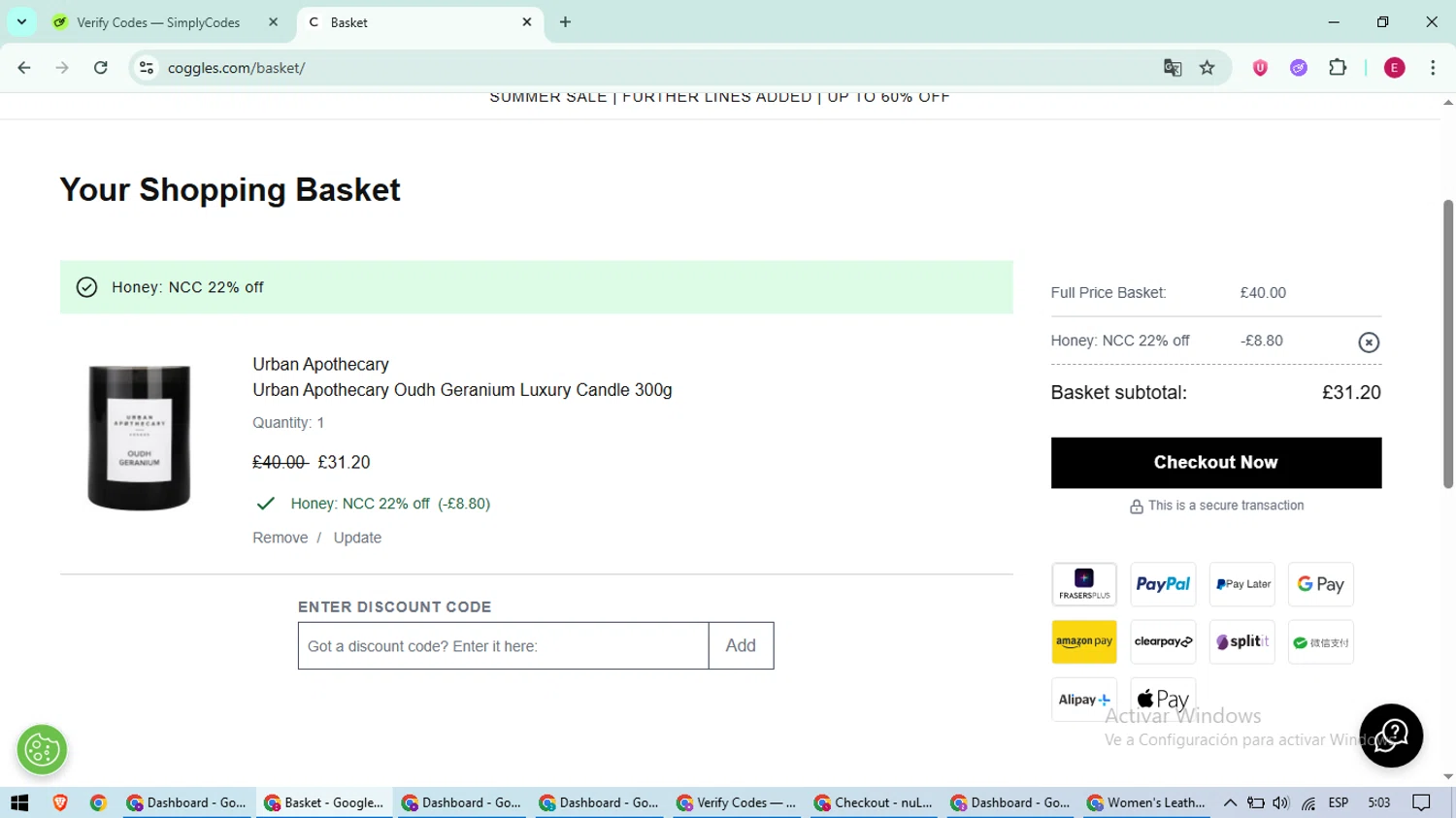Coggles discount code screenshot showing code HONEYCOGS applied at Coggles checkout page. Uploaded by SimplyCodes community member BrilliantWhiz4434 on Aug 3, 2025