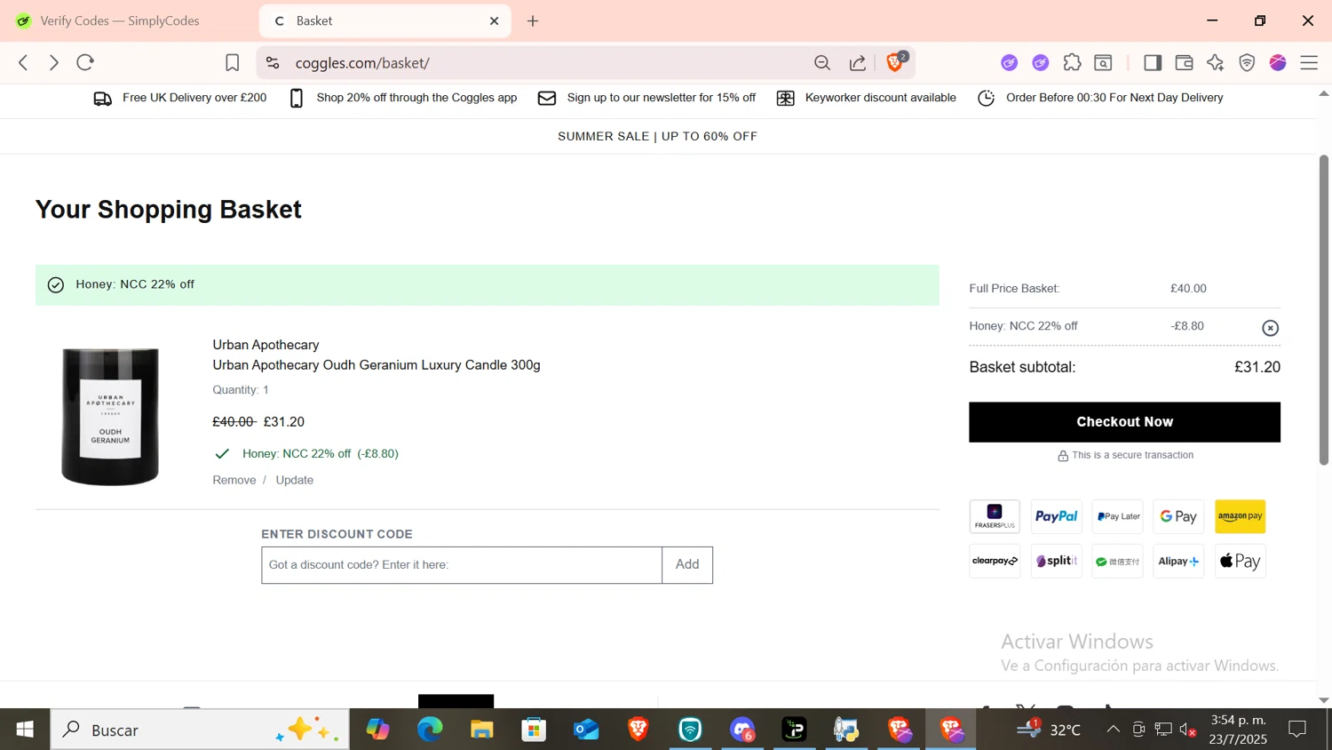 Coggles discount code screenshot showing code HONEYCOGS applied at Coggles checkout page. Uploaded by SimplyCodes community member SKAYNE1 on Jul 23, 2025