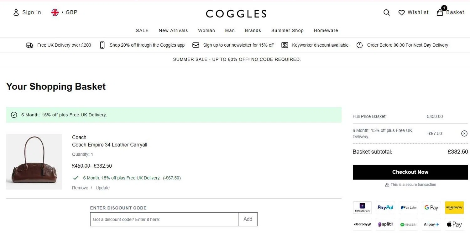 Coggles discount code screenshot showing code coggles15fd applied at Coggles checkout page. Uploaded by SimplyCodes community member 6d796e616d656973 on Jun 27, 2025