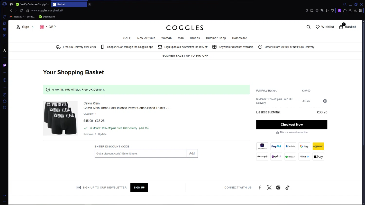 Coggles discount code screenshot showing code coggles15fd applied at Coggles checkout page. Uploaded by SimplyCodes community member VictoriousCaptain3902 on Jul 18, 2025