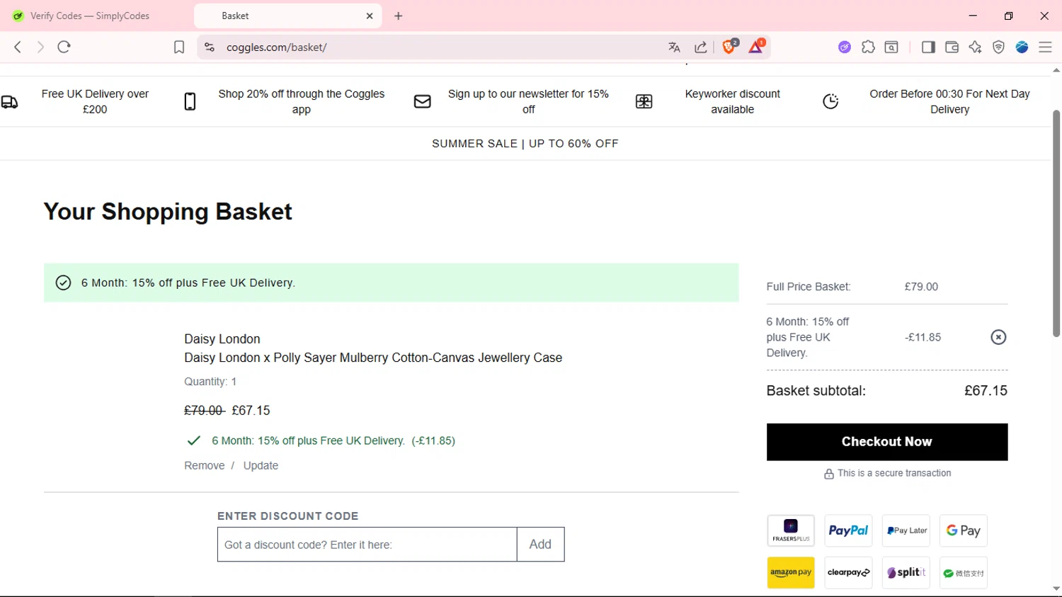 Coggles discount code screenshot showing code coggles15fd applied at Coggles checkout page. Uploaded by SimplyCodes community member fabianmartinez on Jul 29, 2025