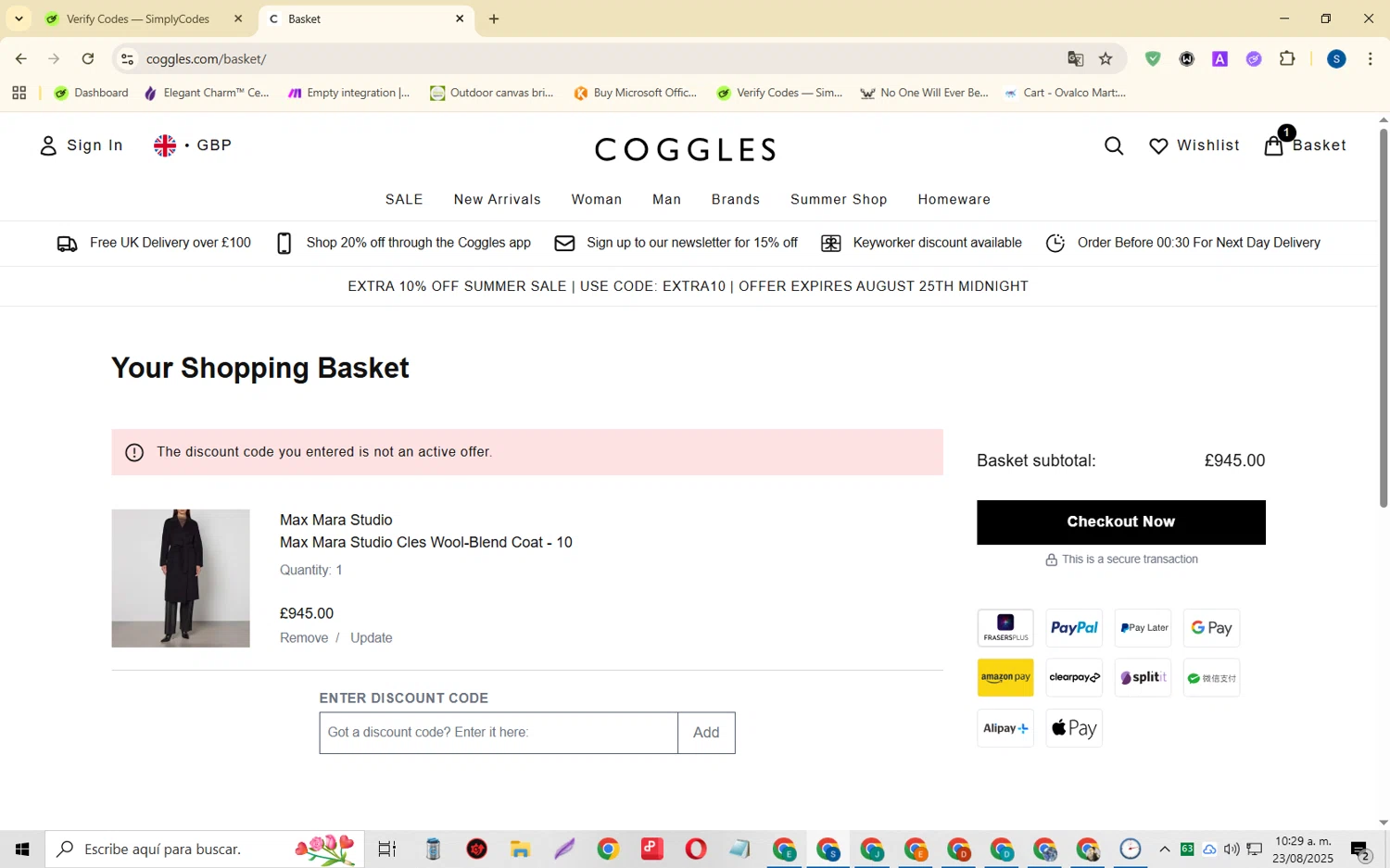 Coggles discount code screenshot showing code CGMENS10 applied at Coggles checkout page. Uploaded by SimplyCodes community member CleverOwl2485 on Aug 23, 2025