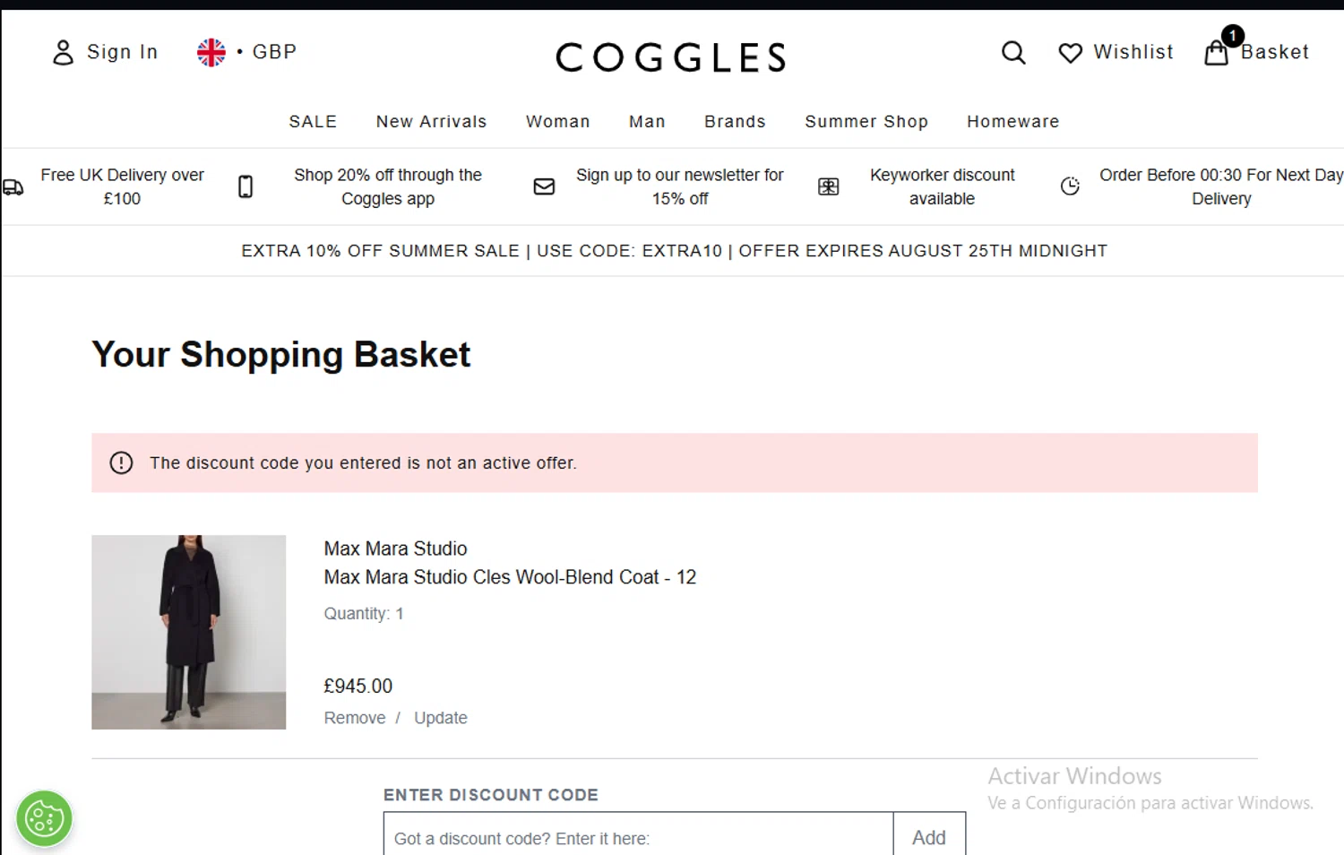 Coggles discount code screenshot showing code CGMENS10 applied at Coggles checkout page. Uploaded by SimplyCodes community member Lestara_23 on Aug 23, 2025