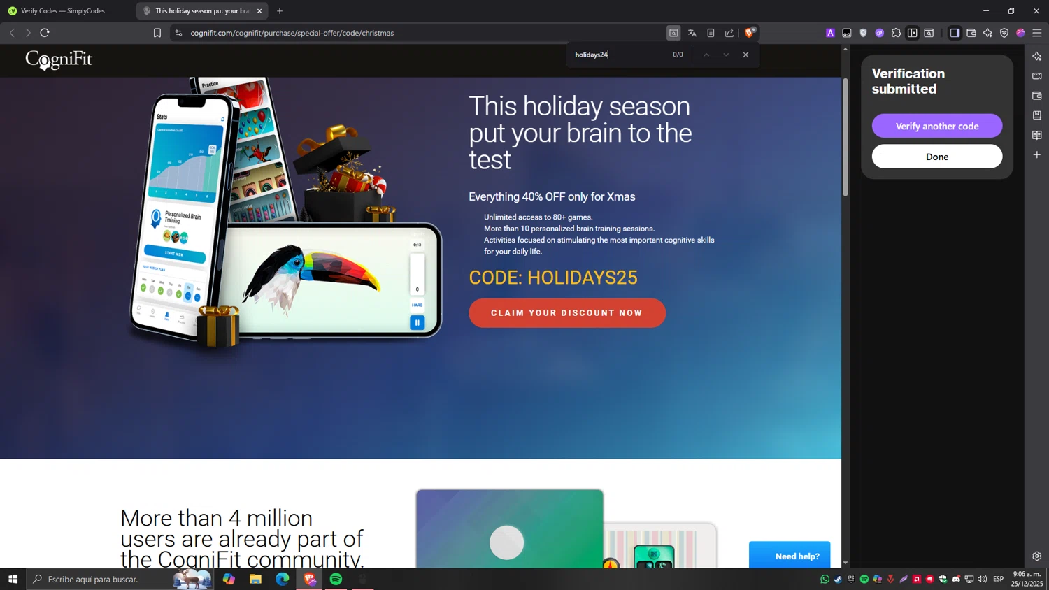 CogniFit promo code screenshot showing code holidays24 applied at CogniFit checkout page. Uploaded by SimplyCodes community member Tragedy on Dec 25, 2025
