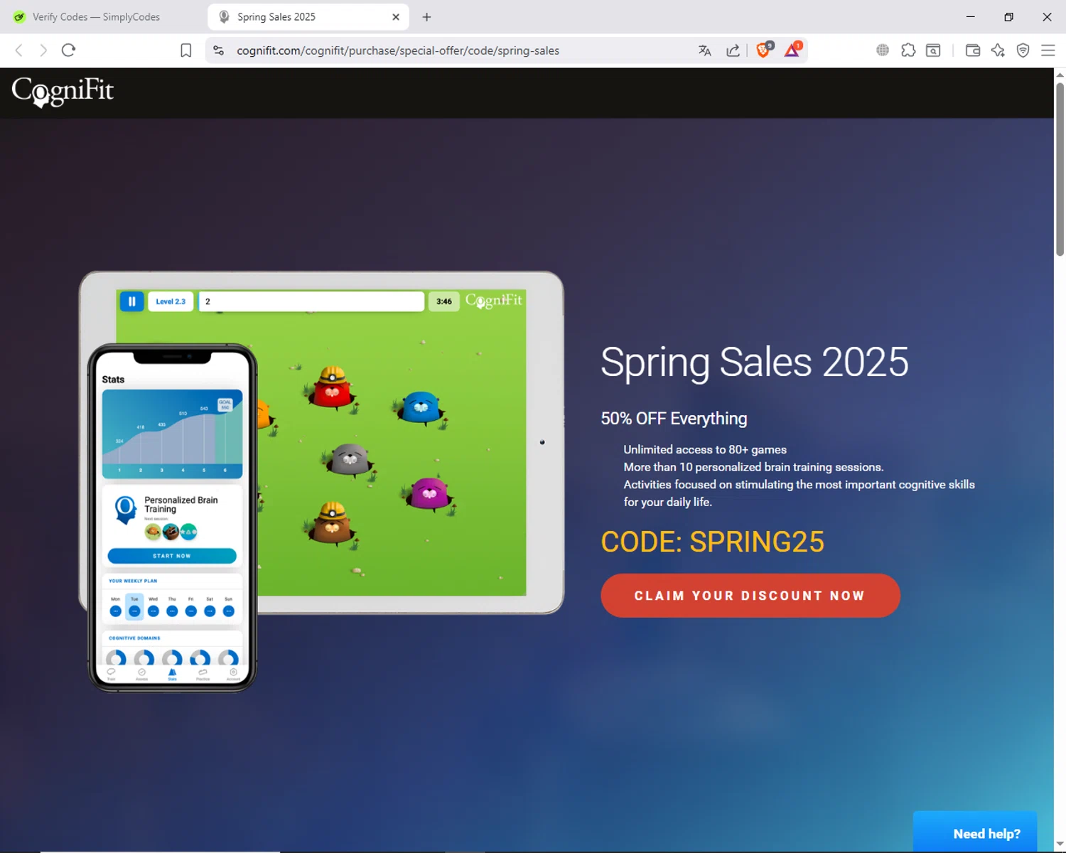 CogniFit promo code screenshot showing code SPRING25 applied at CogniFit checkout page. Uploaded by SimplyCodes community member ShieldAdmiral6835 on Sep 30, 2025