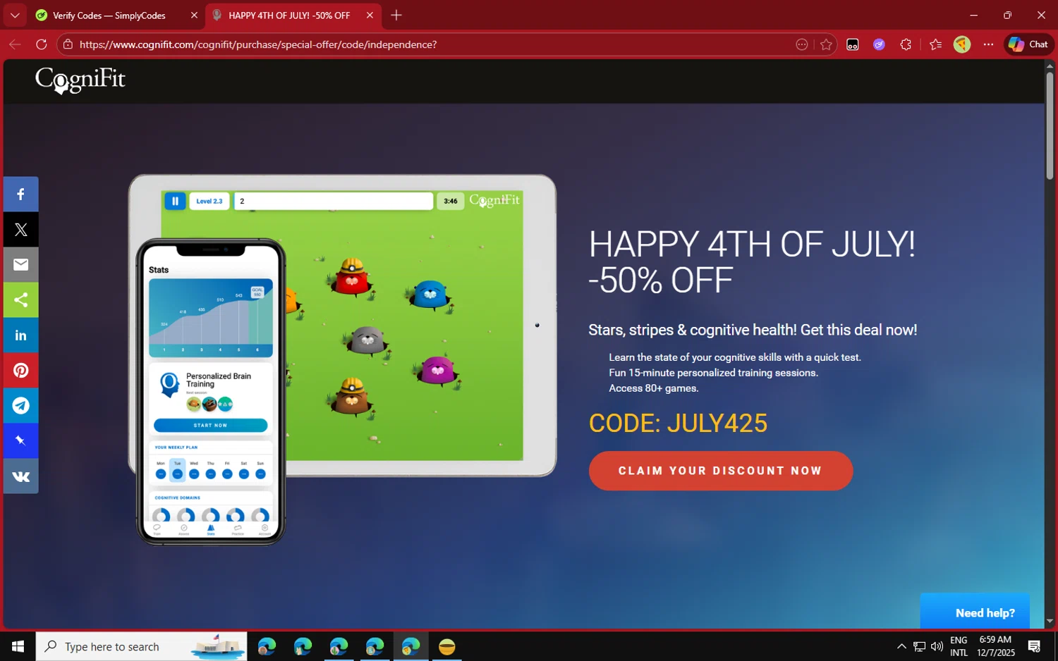 CogniFit checkout page showing CogniFit promo code box | Screenshot taken by SimplyCodes community member on Dec 7, 2025