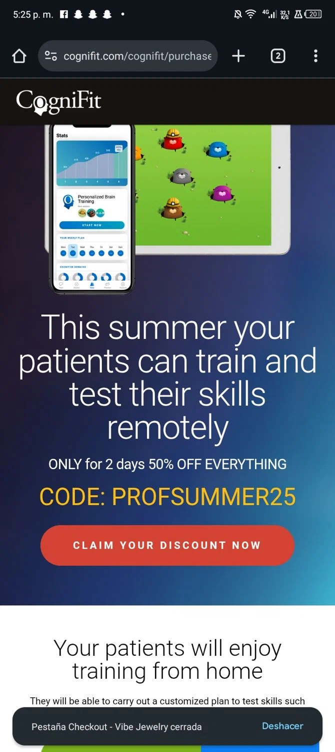 CogniFit promo code screenshot showing code PROFSUMMER25 applied at CogniFit checkout page. Uploaded by SimplyCodes community member Sasuk3 on Oct 10, 2025
