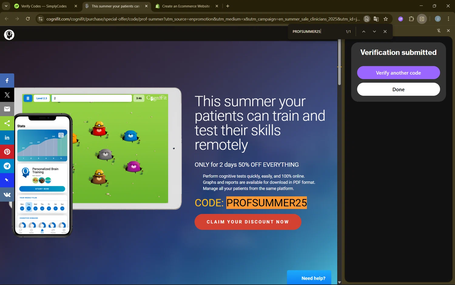CogniFit promo code screenshot showing code PROFSUMMER25 applied at CogniFit checkout page. Uploaded by SimplyCodes community member frijolito on Sep 1, 2025