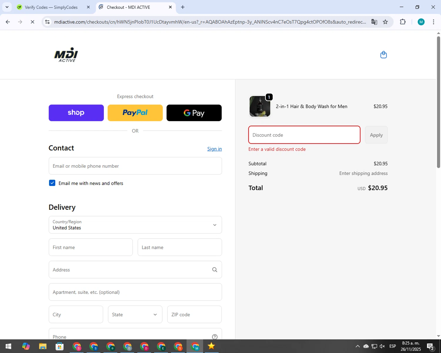CogniFit promo code screenshot showing code BACK25 applied at CogniFit checkout page. Uploaded by SimplyCodes community member 000012 on Nov 26, 2025