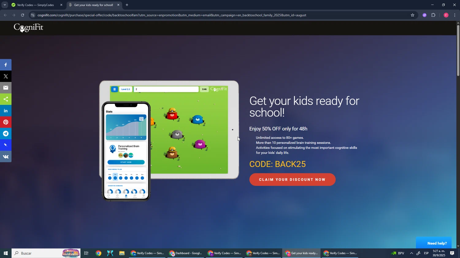 CogniFit promo code screenshot showing code BACK25 applied at CogniFit checkout page. Uploaded by SimplyCodes community member CleverMonarch1744 on Sep 30, 2025