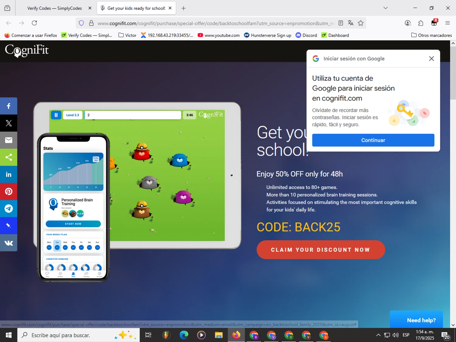 CogniFit promo code screenshot showing code BACK25 applied at CogniFit checkout page. Uploaded by SimplyCodes community member Garou_Y2K on Sep 17, 2025