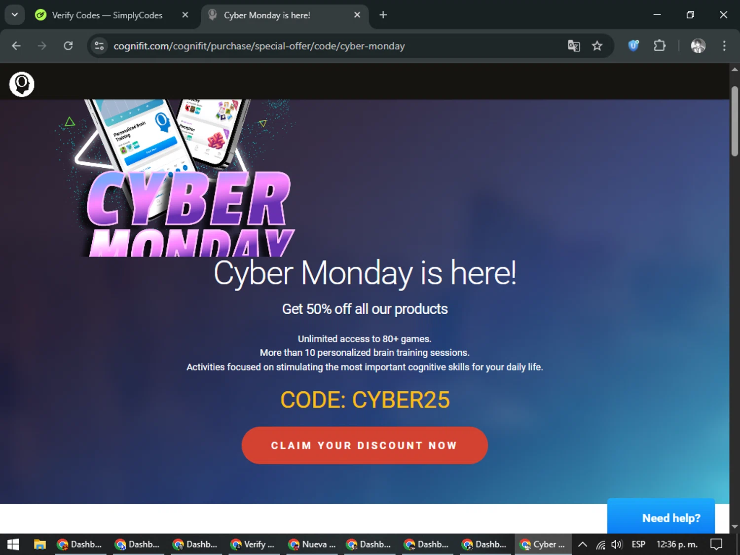 CogniFit promo code screenshot showing code CYBER25 applied at CogniFit checkout page. Uploaded by SimplyCodes community member CleverLegend6607 on Dec 2, 2025
