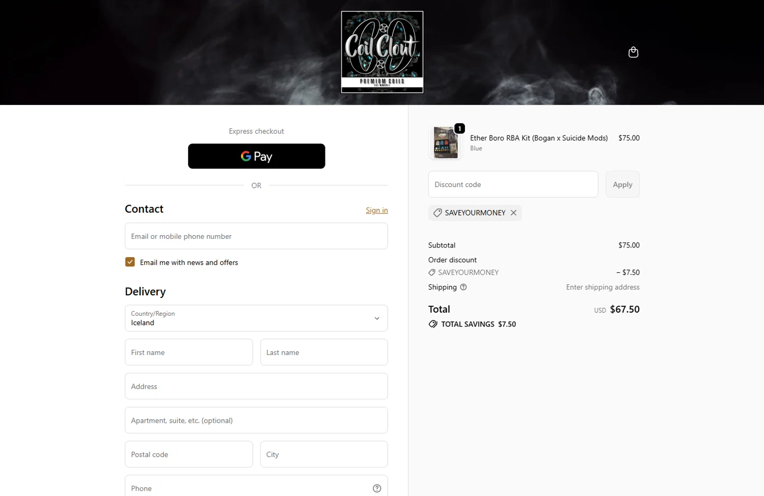 Coil Clout promo code screenshot showing code SAVEYOURMONEY applied at Coil Clout checkout page. Uploaded by SimplyCodes community member DealSleuth3125 on May 24, 2026