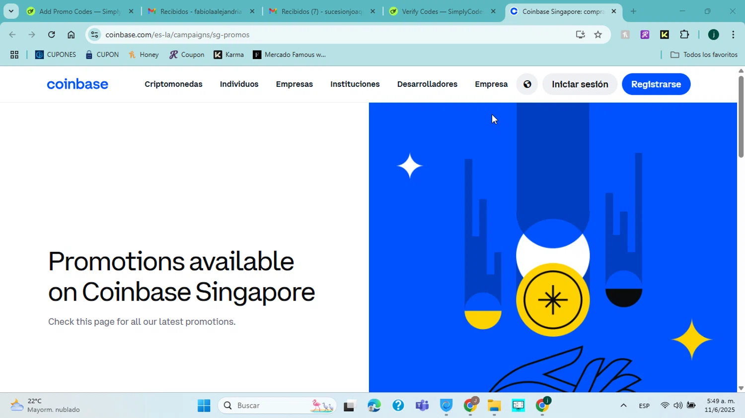 Coinbase promo code screenshot showing code SG15USDC applied at Coinbase checkout page. Uploaded by SimplyCodes community member jorgejavierherrera on Jun 11, 2025