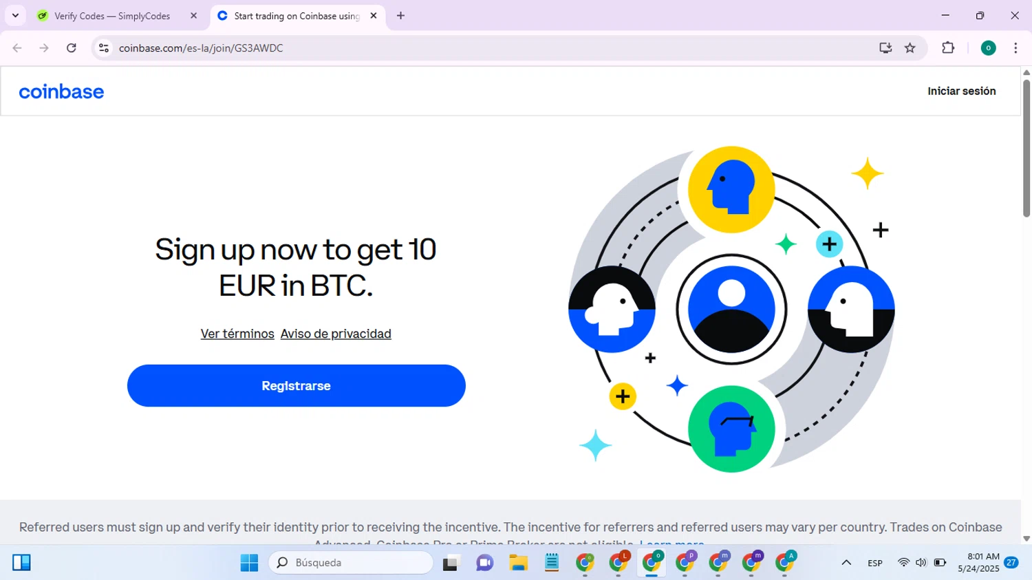 Coinbase promo code screenshot showing code GS3AWDC applied at Coinbase checkout page. Uploaded by SimplyCodes community member SavingsSaver1804 on May 24, 2025