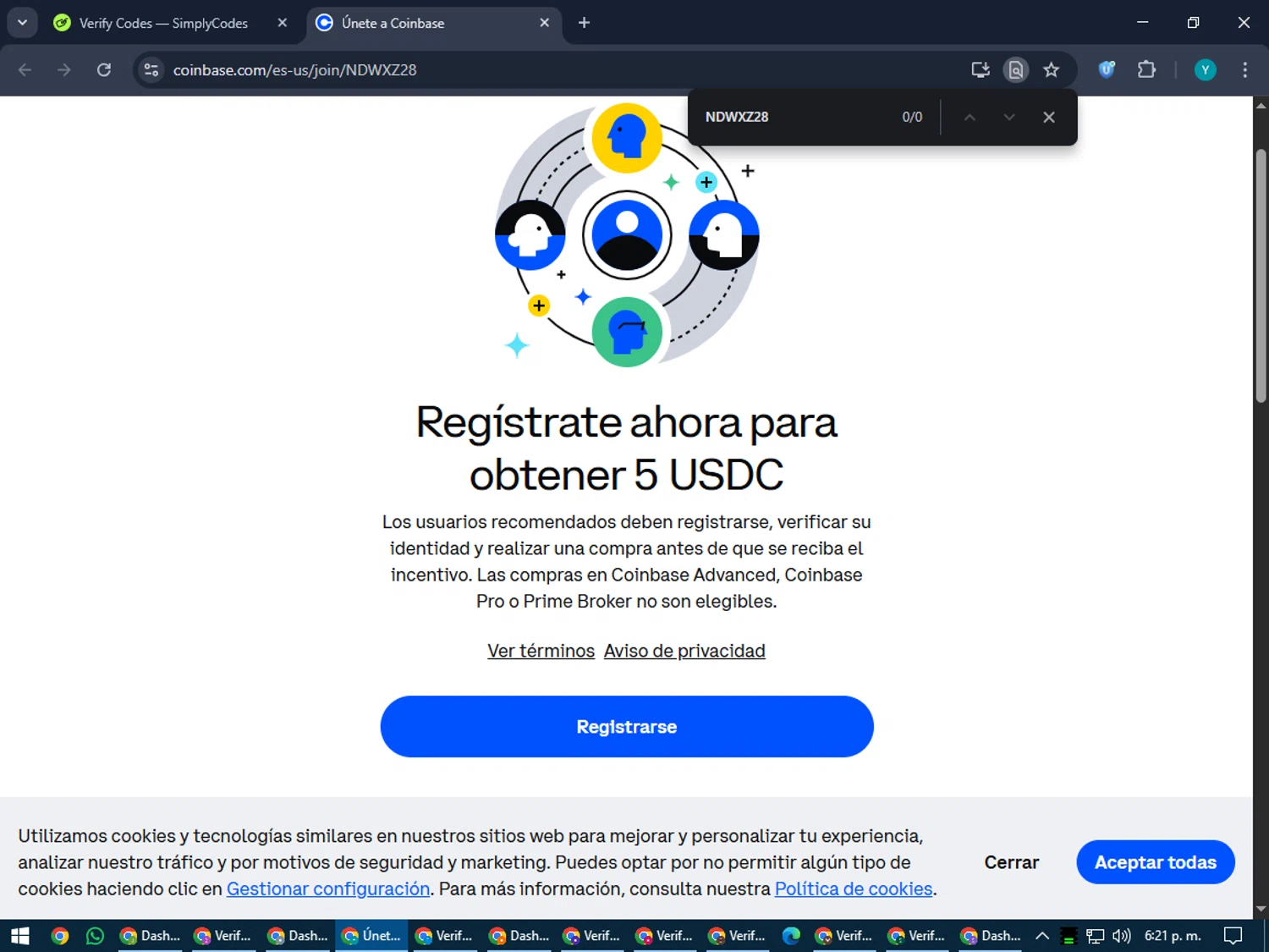 Coinbase promo code screenshot showing code NDWXZ28 applied at Coinbase checkout page. Uploaded by SimplyCodes community member RoyalEagle4794 on Jun 12, 2025
