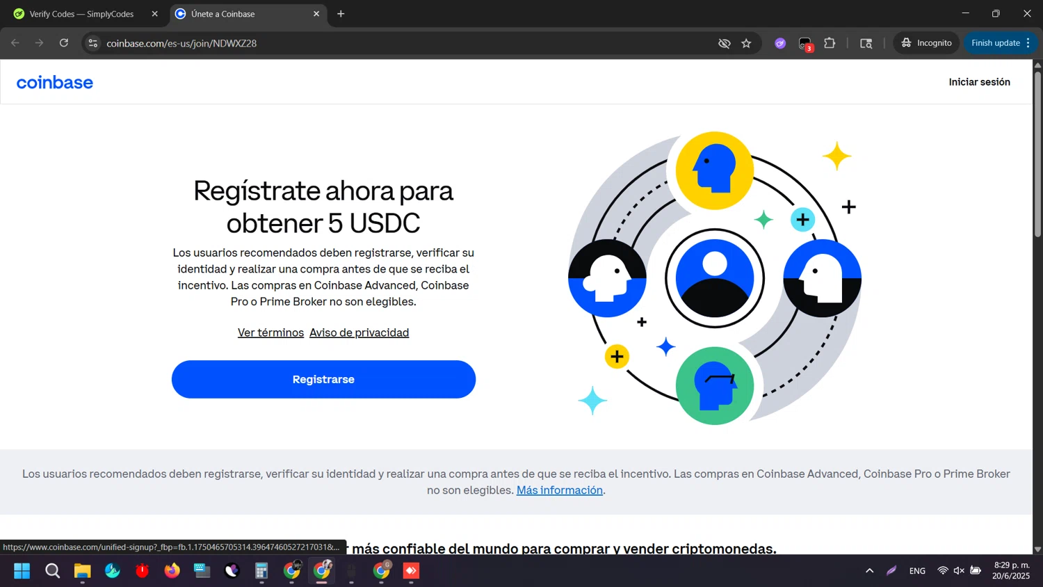 Coinbase promo code screenshot showing code NDWXZ28 applied at Coinbase checkout page. Uploaded by SimplyCodes community member SilverAdmiral2559 on Jun 21, 2025