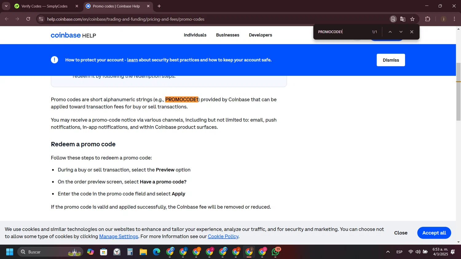 Coinbase Wallet promo code screenshot showing code PROMOCODE1 applied at Coinbase Wallet checkout page. Uploaded by SimplyCodes community member VictoriousVirtuoso7711 on Mar 4, 2025
