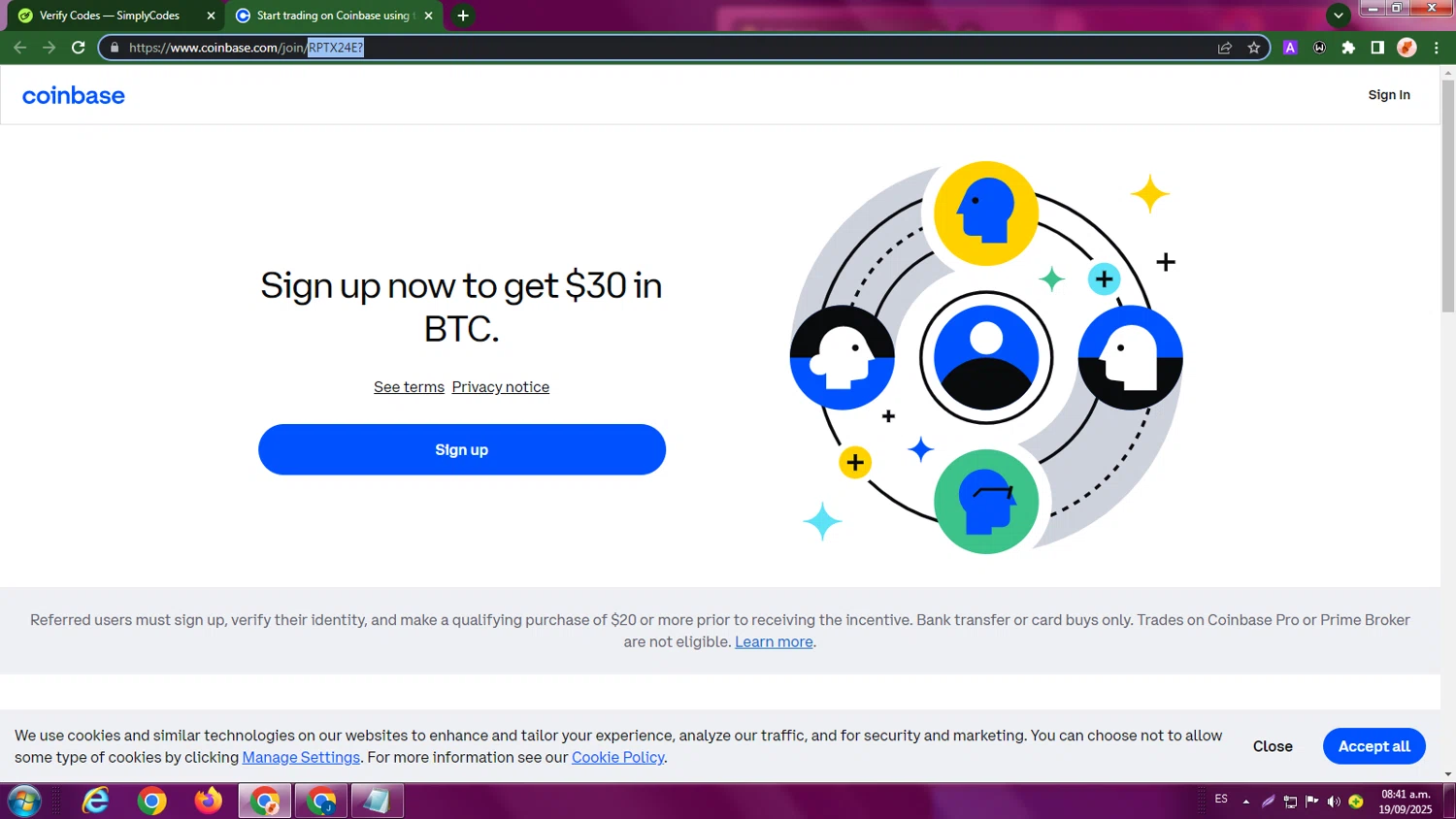 Coinbase Wallet promo code screenshot showing code RPTX24E applied at Coinbase Wallet checkout page. Uploaded by SimplyCodes community member LegendaryBoss7060 on Sep 19, 2025