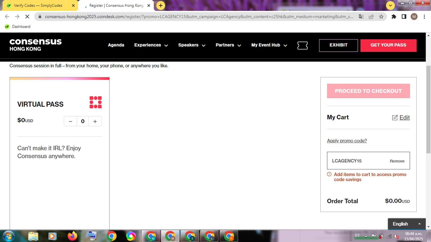 CoinDesk promo code screenshot showing code LCAGENCY15 applied at CoinDesk checkout page. Uploaded by SimplyCodes community member SmartSleuth1503 on Apr 13, 2025