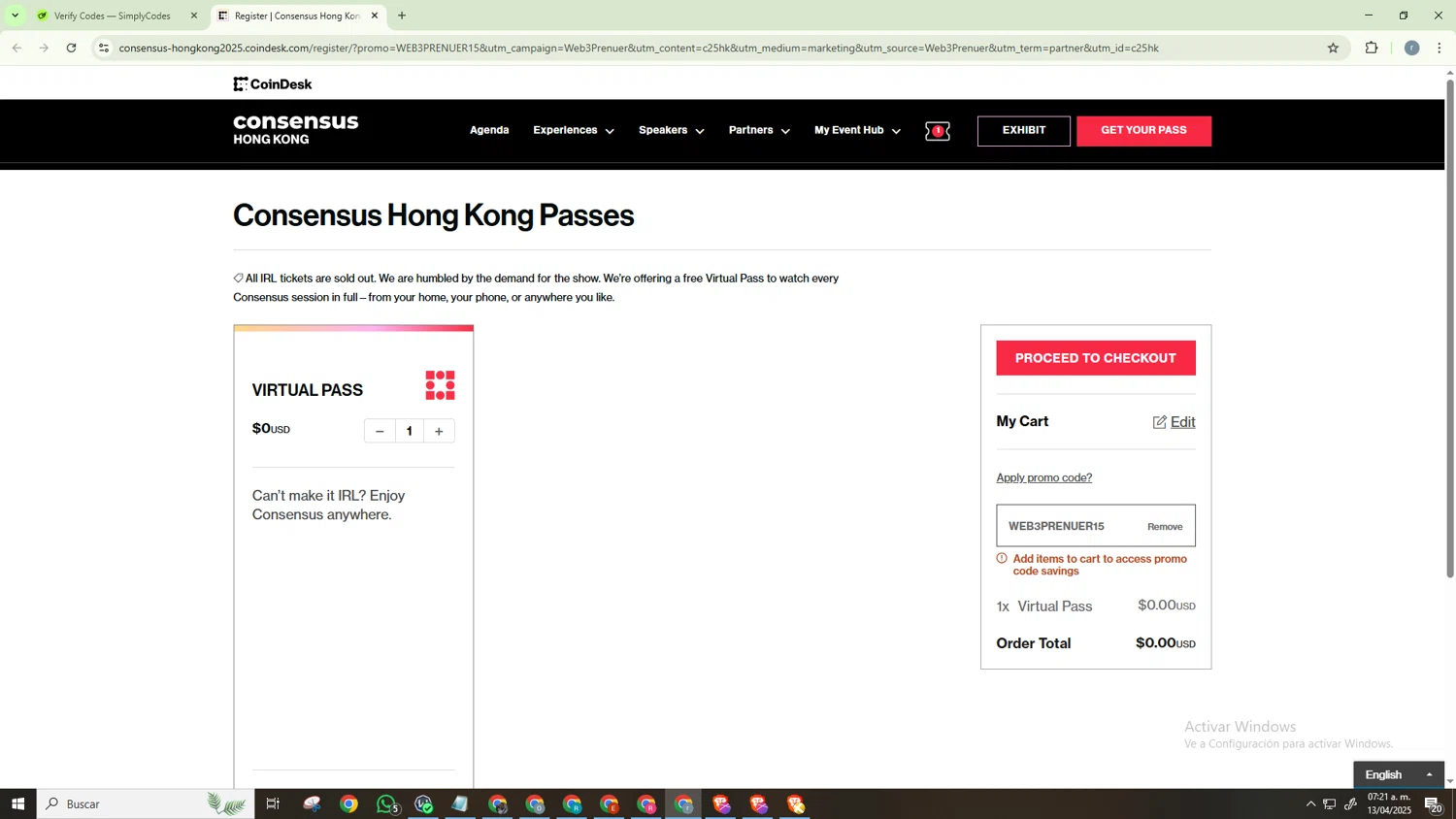 CoinDesk promo code screenshot showing code WEB3PRENUER15 applied at CoinDesk checkout page. Uploaded by SimplyCodes community member CashScholar6568 on Apr 13, 2025