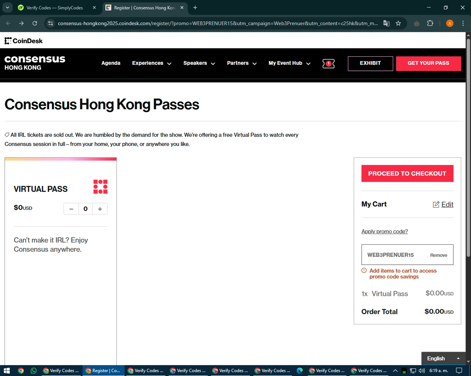 CoinDesk promo code screenshot showing code WEB3PRENUER15 applied at CoinDesk checkout page. Uploaded by SimplyCodes community member MoneyPhoenix4664 on May 12, 2025
