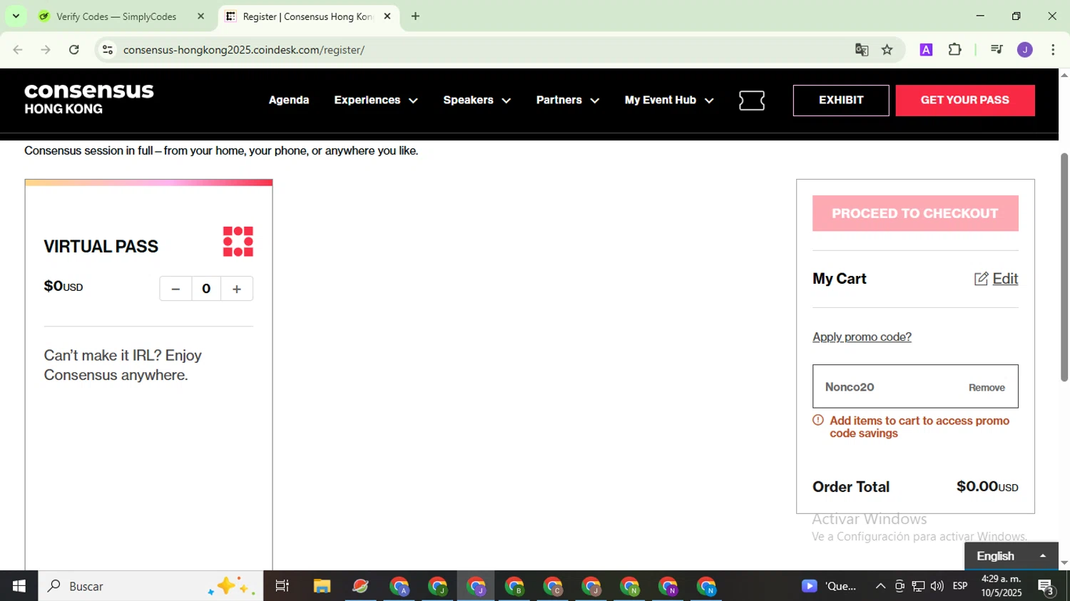 CoinDesk promo code screenshot showing code Nonco20 applied at CoinDesk checkout page. Uploaded by SimplyCodes community member PromoHunter9043 on May 10, 2025