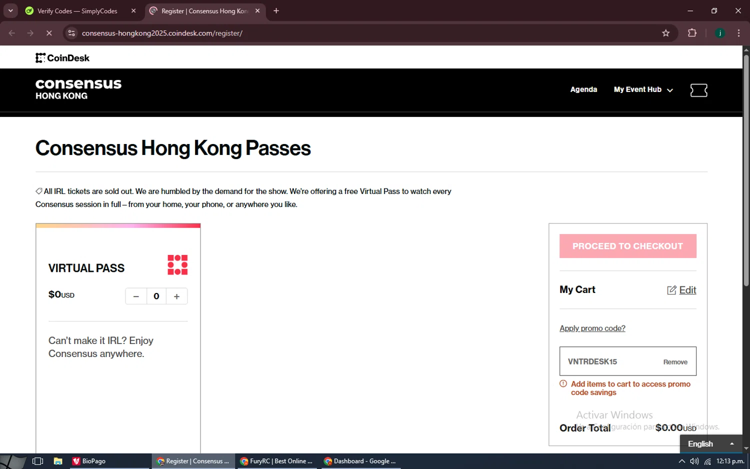 CoinDesk promo code screenshot showing code VNTRDESK15 applied at CoinDesk checkout page. Uploaded by SimplyCodes community member MoneySpotter5416 on Sep 14, 2025