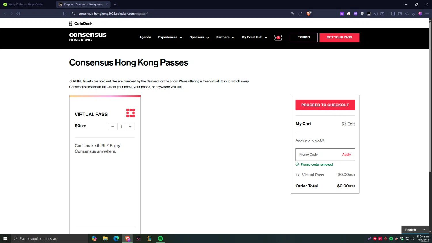 CoinDesk promo code screenshot showing code VNTRDESK15 applied at CoinDesk checkout page. Uploaded by SimplyCodes community member Tragedy on Jul 17, 2025