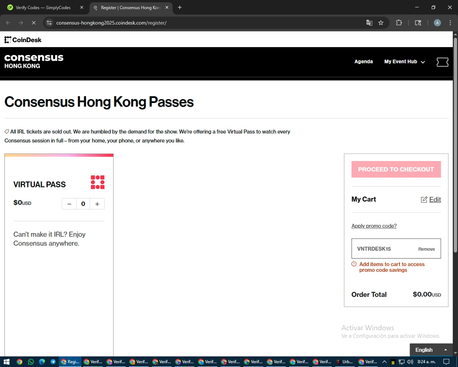 CoinDesk promo code screenshot showing code VNTRDESK15 applied at CoinDesk checkout page. Uploaded by SimplyCodes community member trippieredd on Aug 16, 2025