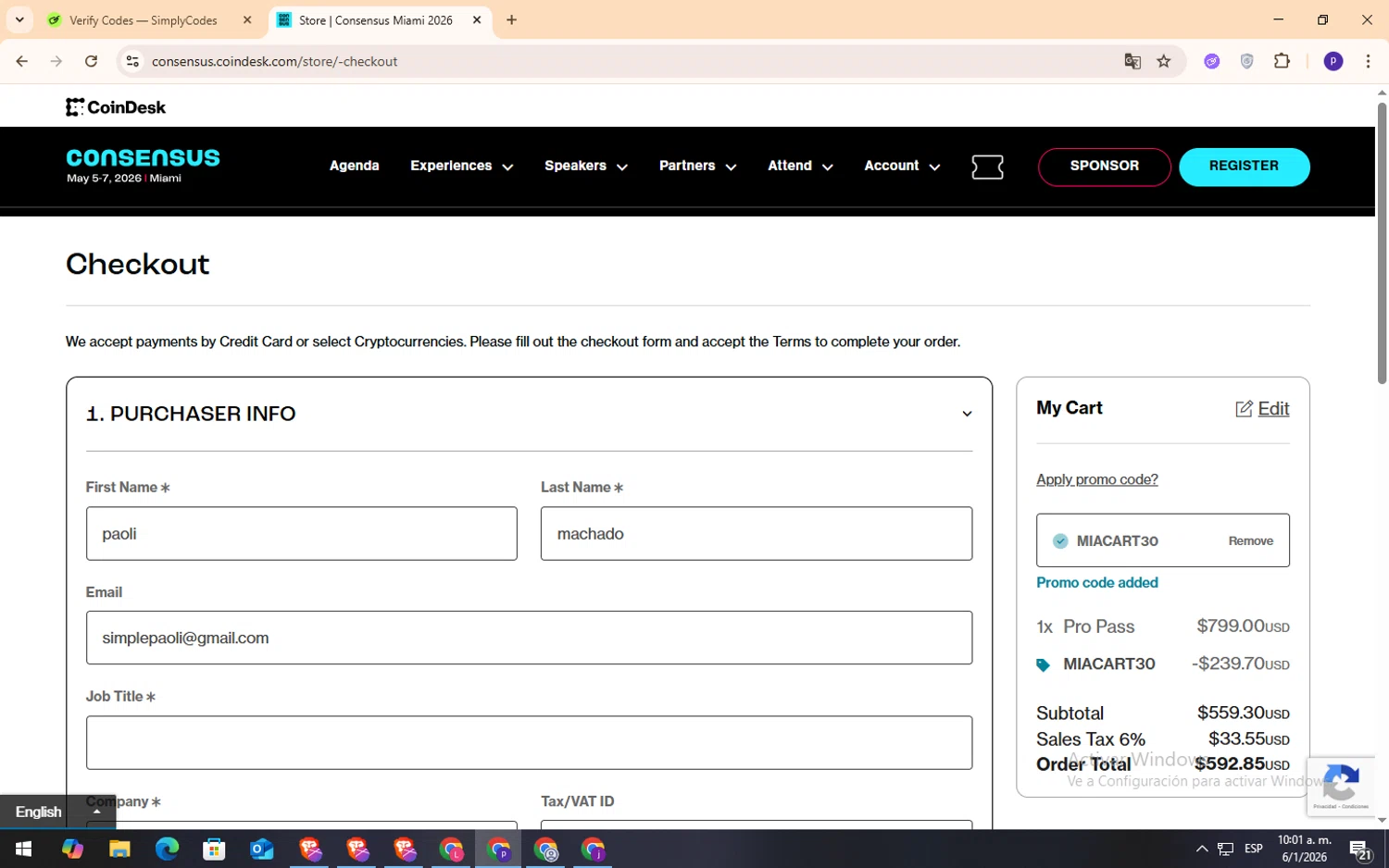 CoinDesk checkout page showing CoinDesk promo code box | Screenshot taken by SimplyCodes community member on Jan 6, 2026