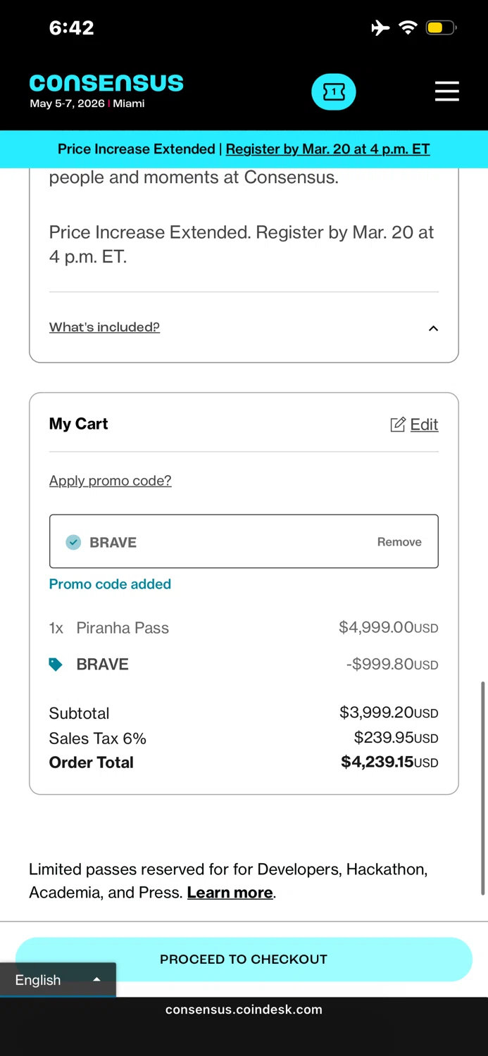 CoinDesk promo code screenshot showing code BRAVE applied at CoinDesk checkout page. Uploaded by SimplyCodes community member TraxoGamer on Mar 13, 2026