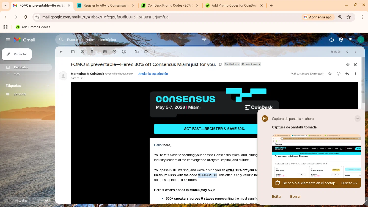 CoinDesk promo code screenshot showing code MIACART30 applied at CoinDesk checkout page. Uploaded by SimplyCodes community member yennifergonzalez on Jan 6, 2026
