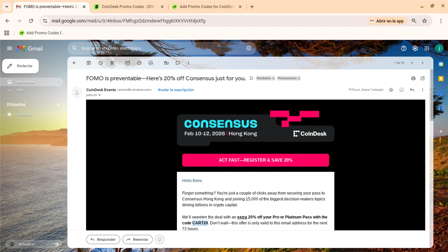 CoinDesk promo code screenshot showing code CART20 applied at CoinDesk checkout page. Uploaded by SimplyCodes community member yennifergonzalez on Dec 19, 2025
