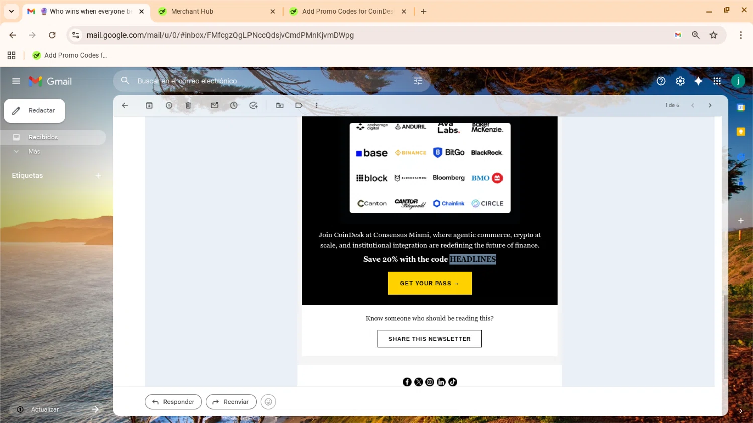 CoinDesk promo code screenshot showing code HEADLINES applied at CoinDesk checkout page. Uploaded by SimplyCodes community member yennifergonzalez on Apr 14, 2026