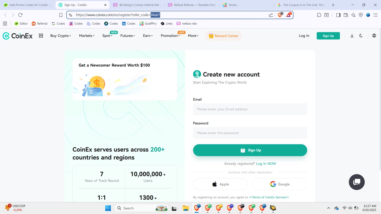 CoinEx promo code screenshot showing code 84a67 applied at CoinEx checkout page. Uploaded by SimplyCodes community member BabaYaga on Sep 20, 2025
