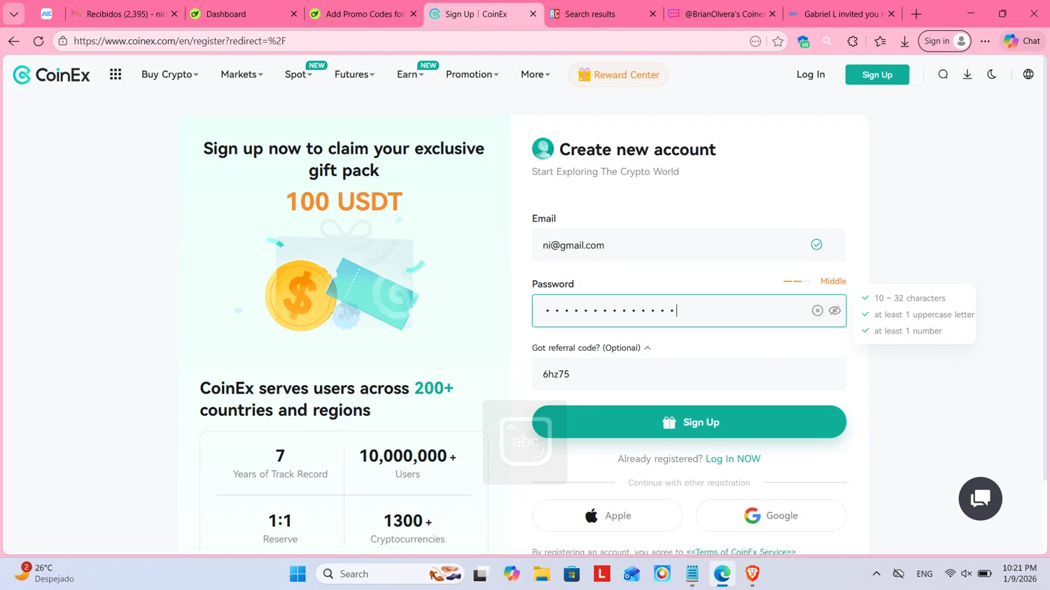 CoinEx promo code screenshot showing code 6hz75 applied at CoinEx checkout page. Uploaded by SimplyCodes community member cosita on Jan 10, 2026