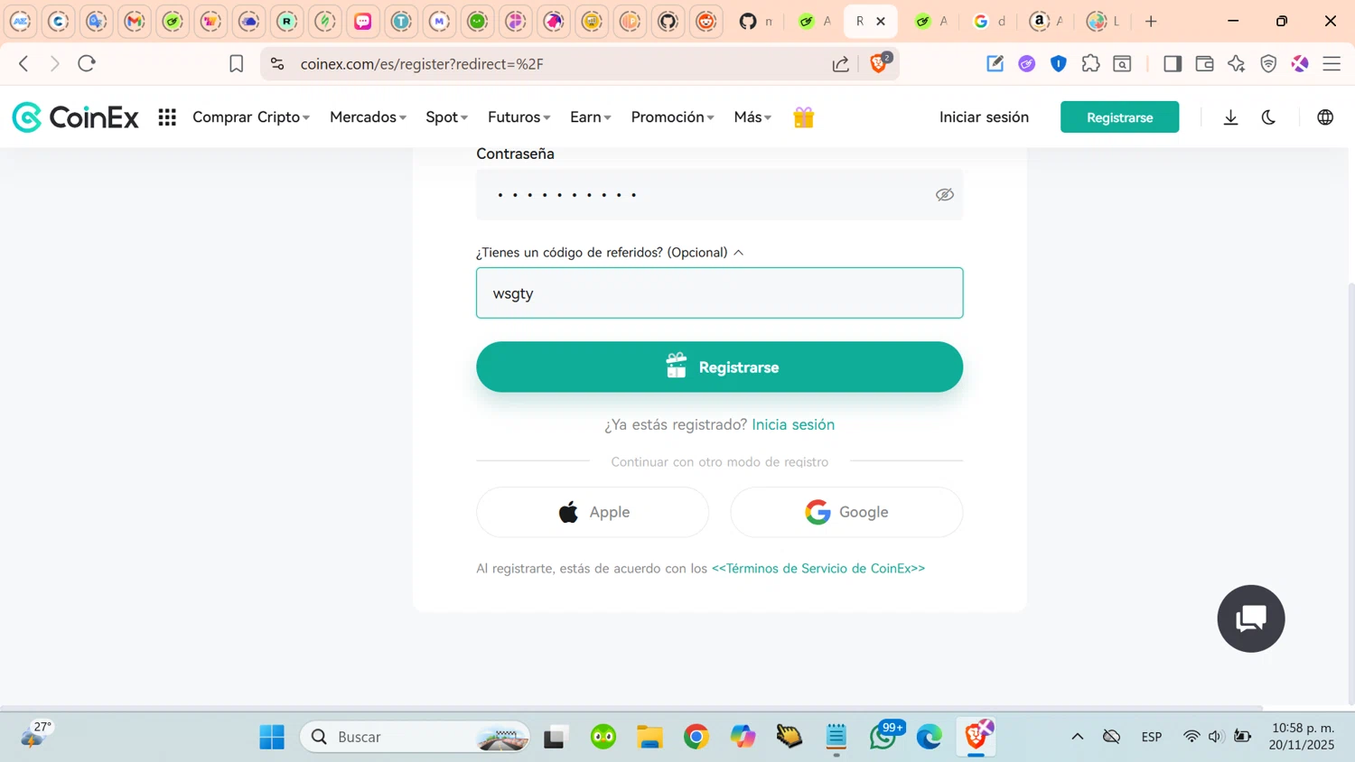 CoinEx promo code screenshot showing code wsgty applied at CoinEx checkout page. Uploaded by SimplyCodes community member cosita on Nov 21, 2025