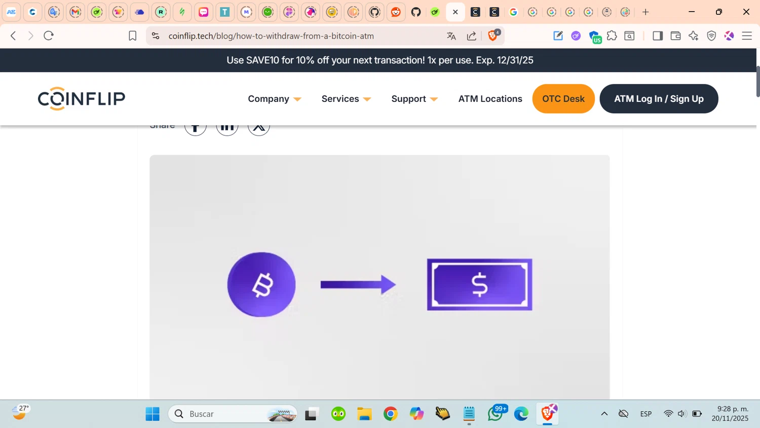 CoinFlip promo code screenshot showing code SAVE10 applied at CoinFlip checkout page. Uploaded by SimplyCodes community member cosita on Nov 21, 2025