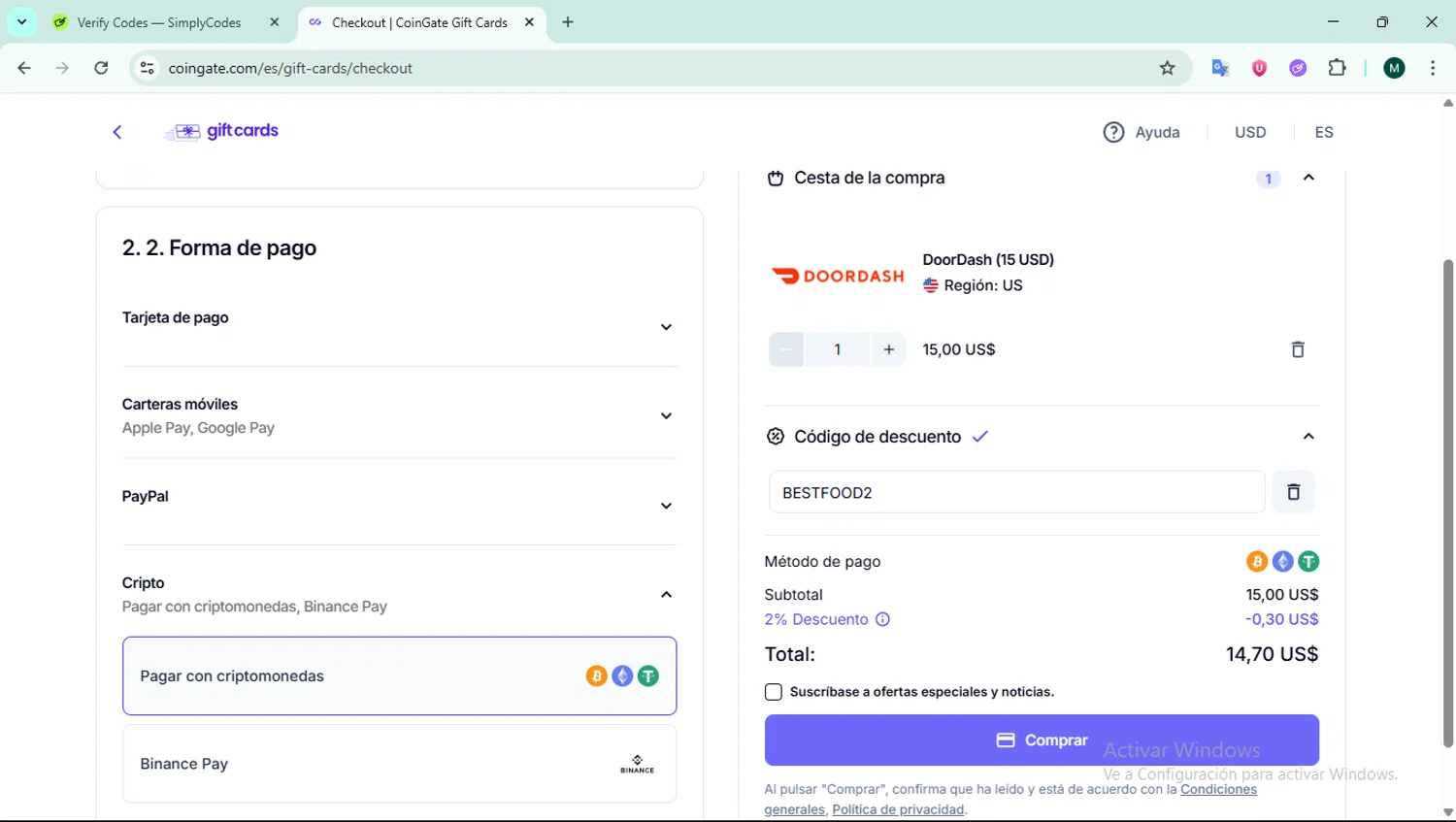 Coingate promo code screenshot showing code BESTFOOD2 applied at Coingate checkout page. Uploaded by SimplyCodes community member ScanCurator288 on Jun 25, 2025