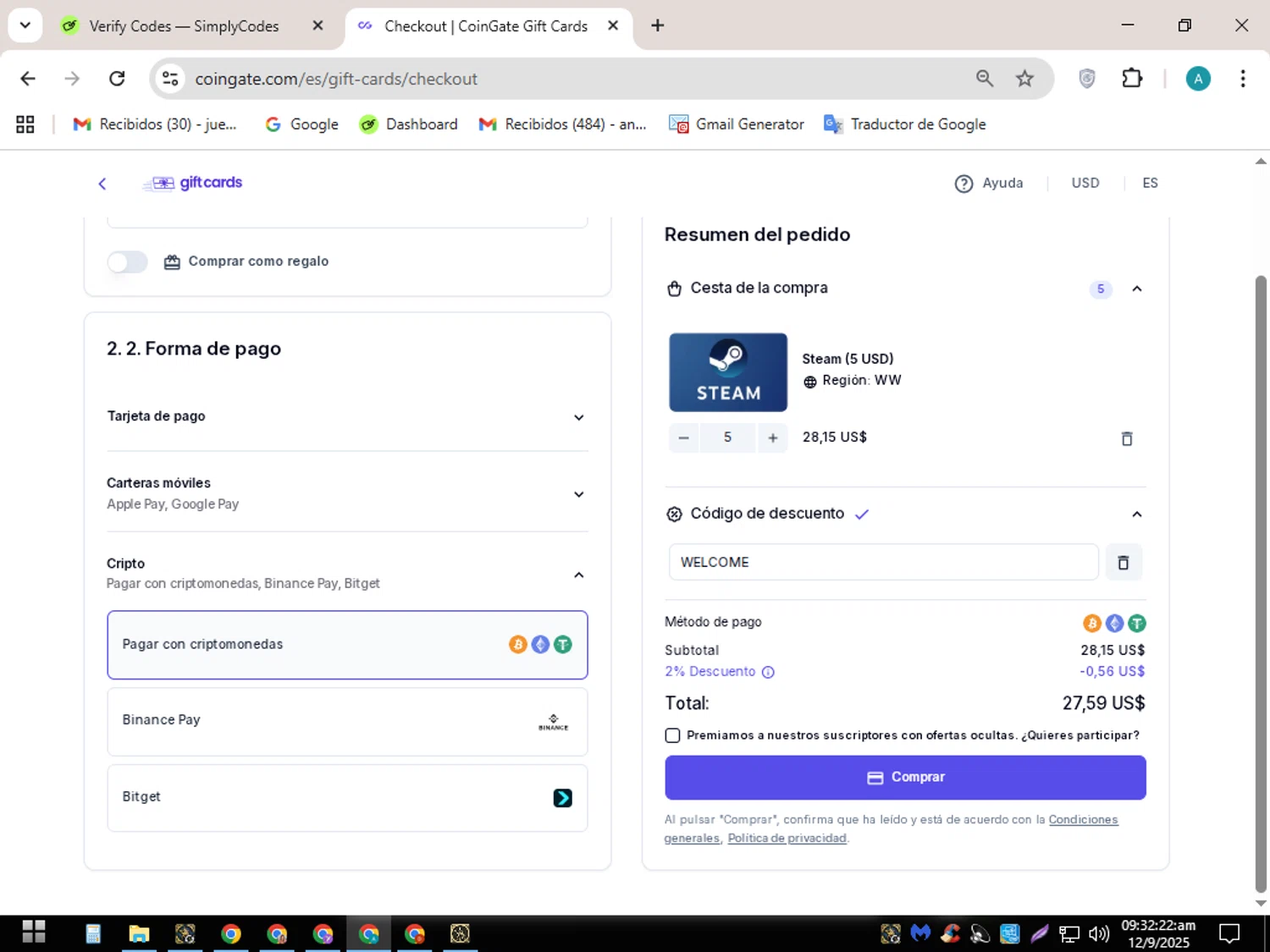 Coingate promo code screenshot showing code WELCOME applied at Coingate checkout page. Uploaded by SimplyCodes community member SavingsScout358 on Sep 12, 2025