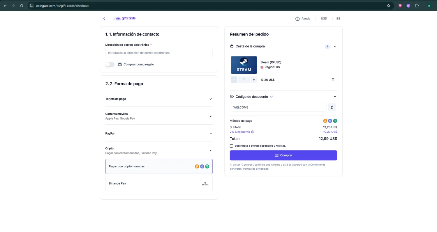 Coingate promo code screenshot showing code WELCOME applied at Coingate checkout page. Uploaded by SimplyCodes community member SavvyHawk5598 on Jul 16, 2025