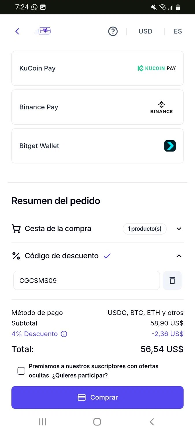 Coingate promo code screenshot showing code CGCSMS09 applied at Coingate checkout page. Uploaded by SimplyCodes community member tulioriera on Feb 5, 2026