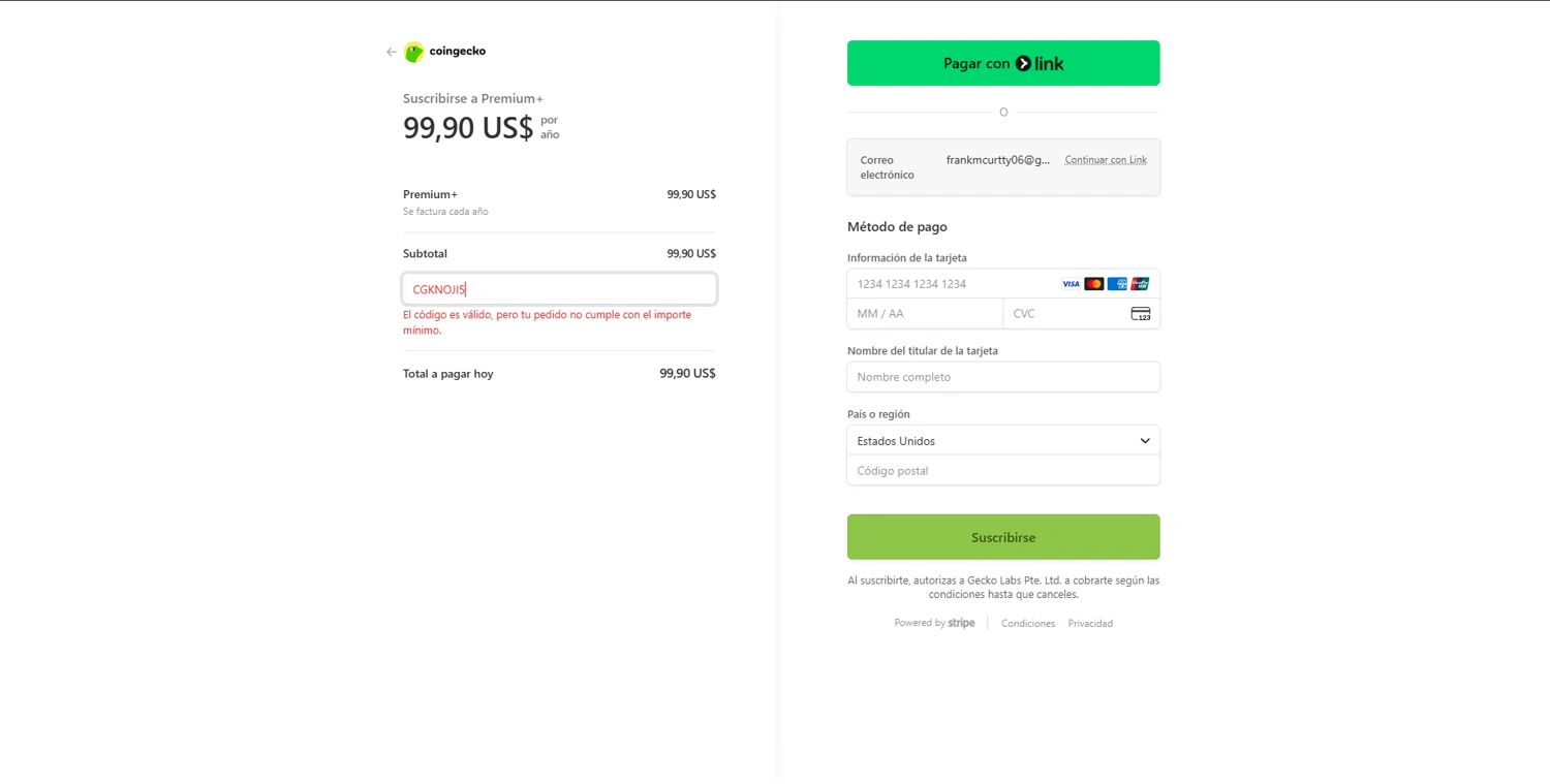 CoinGecko promo code screenshot showing code CGKNOJI5 applied at CoinGecko checkout page. Uploaded by SimplyCodes community member BrilliantVoyager5752 on Nov 10, 2025