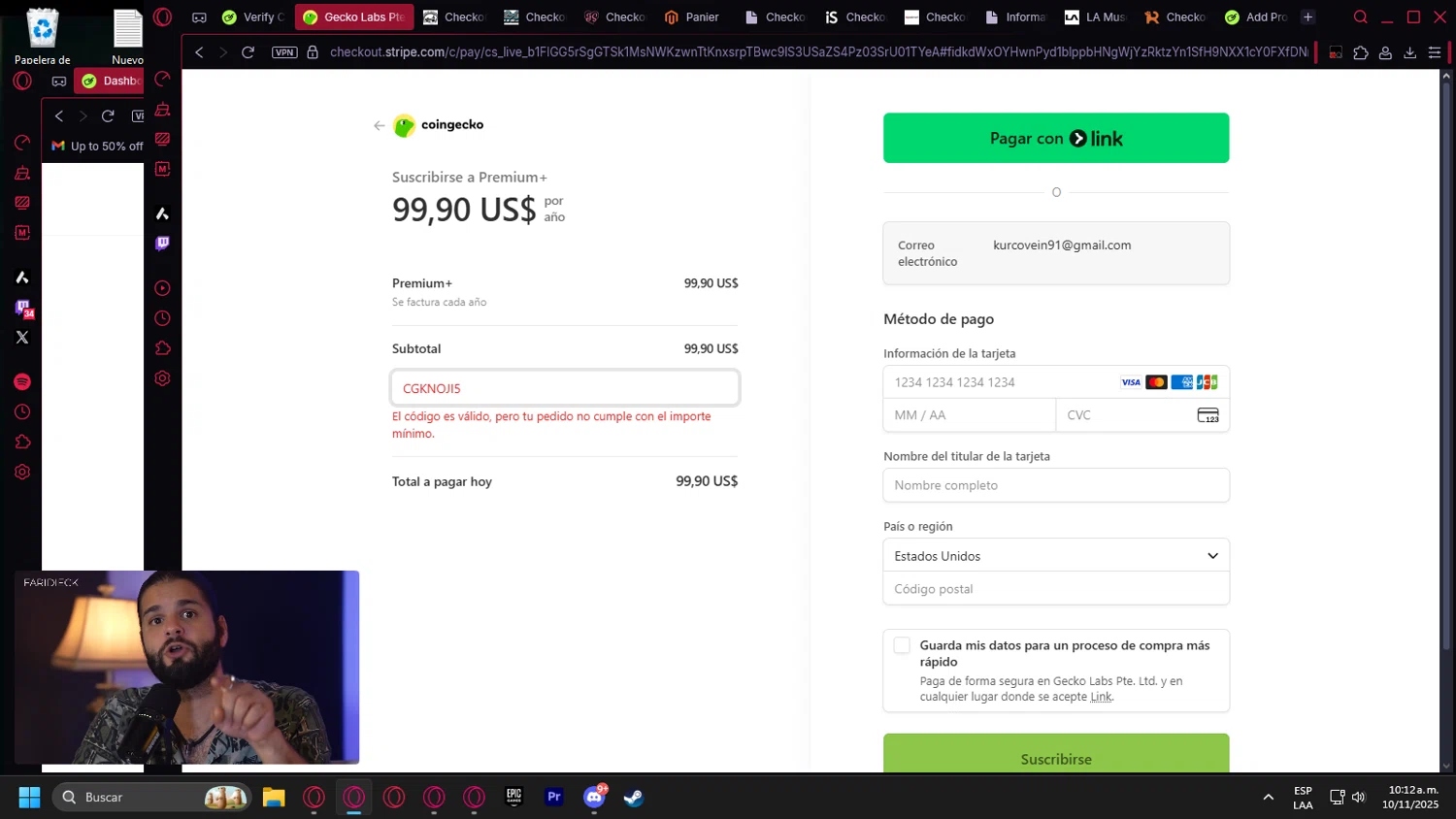CoinGecko promo code screenshot showing code CGKNOJI5 applied at CoinGecko checkout page. Uploaded by SimplyCodes community member leonardocamacho2 on Nov 10, 2025