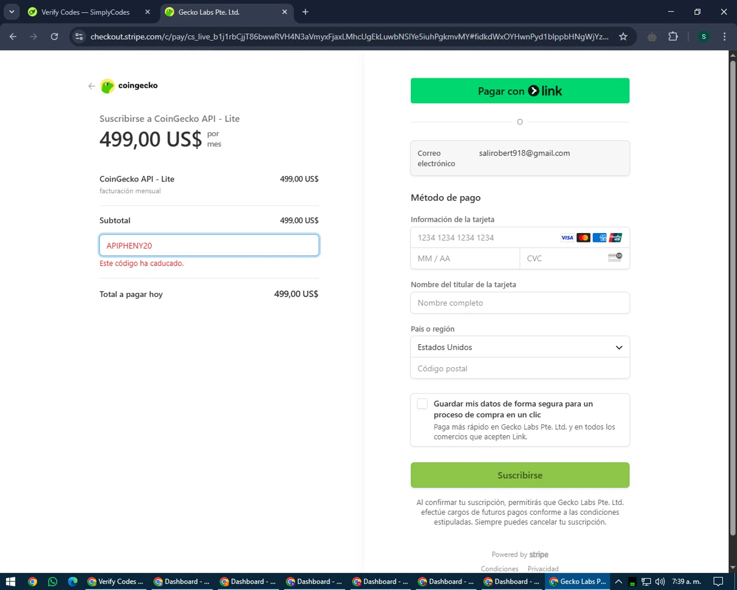 CoinGecko promo code screenshot showing code APIPHENY20 applied at CoinGecko checkout page. Uploaded by SimplyCodes community member lilMosey on May 25, 2025