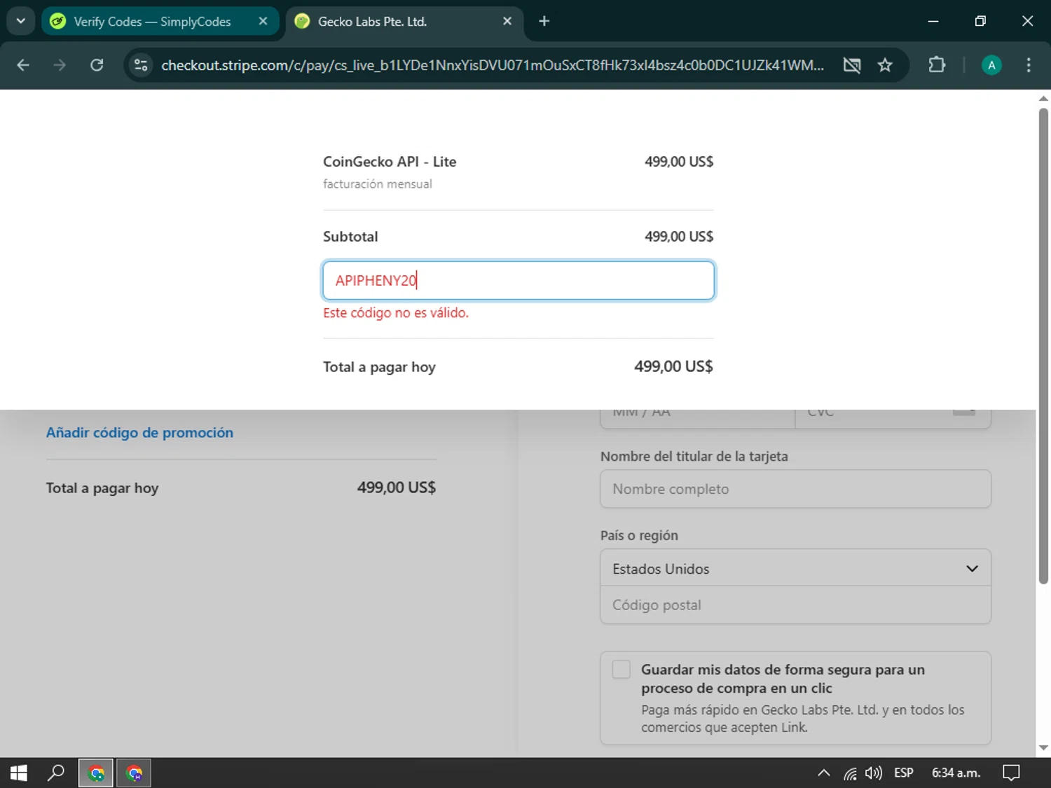 CoinGecko promo code screenshot showing code APIPHENY20 applied at CoinGecko checkout page. Uploaded by SimplyCodes community member brianoconner on Mar 28, 2025