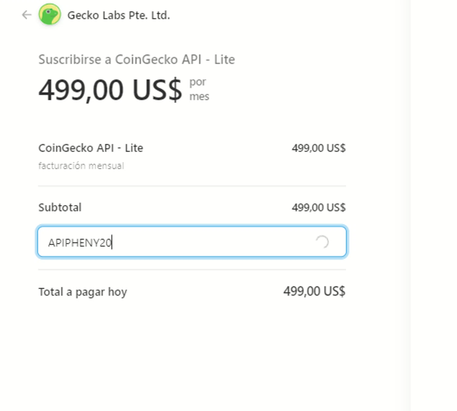 CoinGecko promo code screenshot showing code APIPHENY20 applied at CoinGecko checkout page. Uploaded by SimplyCodes community member usercode123 on Mar 28, 2025